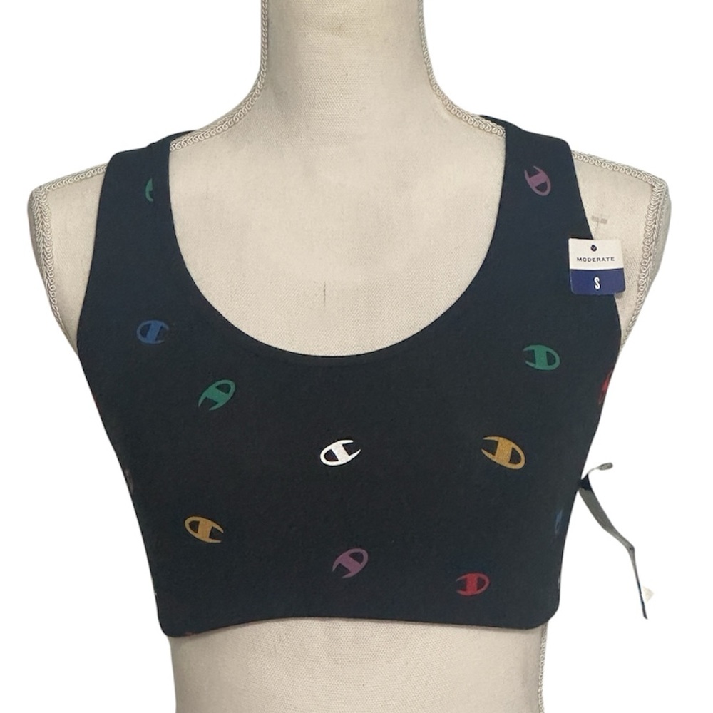 Champion Black Sports Bra with Multicolor Logo Print NWT